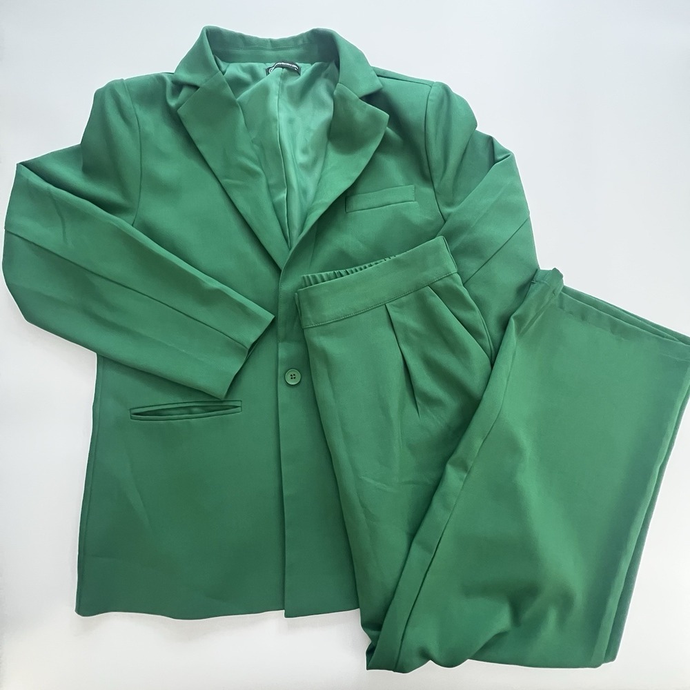 Womens Green Pant Suit Set Large Wide Leg Blazer Office Career Business Chic - Picture 2 of 12